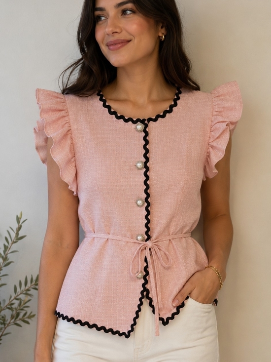 Tops - Pink Ruffle Sleeve Tie-Waist Top with Black Trim